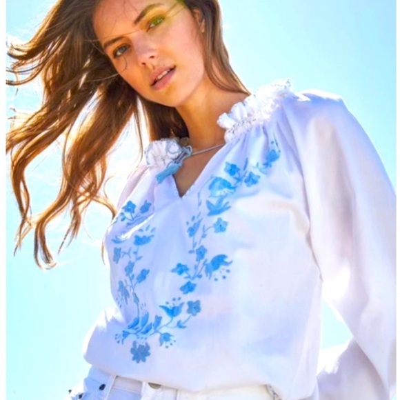 Mi Golondrina White Selma Blouse with Blue Embroidery Sz S